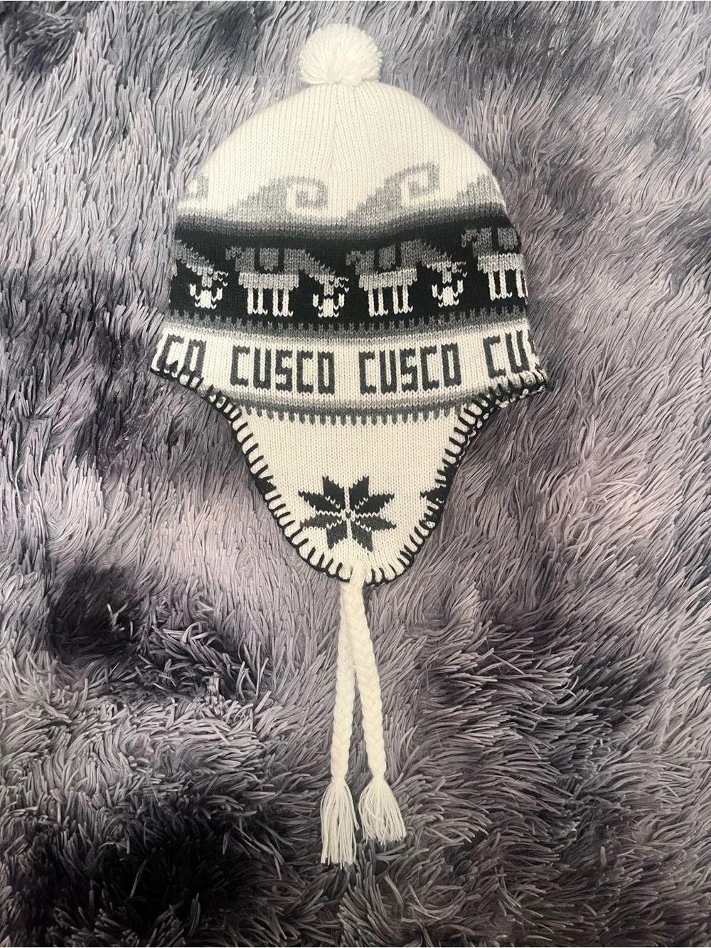 Cusco Black & White Peruvian Earflap Pom Beanie
